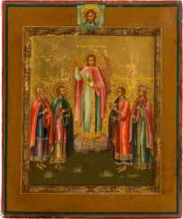 A SMALL ICON SHOWING THE ARCHANGEL RAPHAEL AND FOUR SELECTED SAINTS