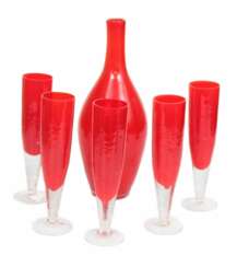 Red glass decanter with five glasses