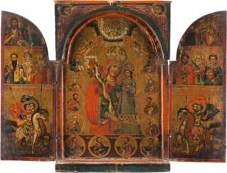 A LARGE ICON SHOWING THE MOTHER OF GOD 'OF THE UNFADING ROSE' AND SELECTED SAINTS