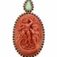 Carved red coral, pear shaped ct. 4.20 circa emera… - Now at the auction