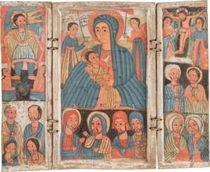 A RARE COPTIC TRIPTYCH SHOWING THE MOTHER OF GOD, THE CRUCIFIXION AND SELECTED SAINTS