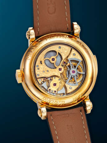 FRANCK MULLER. A VERY RARE AND IMPRESSIVE 18K GOLD MINUTE REPEATING PERPETUAL CALENDAR TOURBILLON WRISTWATCH WITH EQUATION OF TIME, MOON PHASES, RETROGRADE MONTH, POWER RESERVE, 24-HOURS AND LEAP YEAR INDICATION - Foto 3