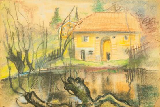 Spring landscape Black pencil watercolor Mid-20th century - photo 1