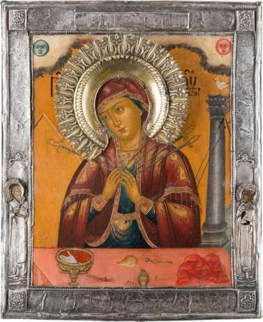 A LARGE ICON SHOWING THE MOTHER OF GOD OF 'THE SEVEN SORROWS' WITH SILVER BASMA - photo 1