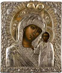 AN ICON SHOWING THE KAZANSKAYA MOTHER OF GOD WITH SILVER-GILT OKLAD