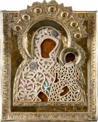 AN ICON OF THE SHUI-SMOLENSKAYA MOTHER OF GOD WITH EMBROIDERED SILVER-GILT OLKAD