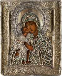 AN ICON OF THE FEODOROVSKAYA MOTHER OF GOD WITH SILVER-GILT AND EMBROIDERED OKLAD
