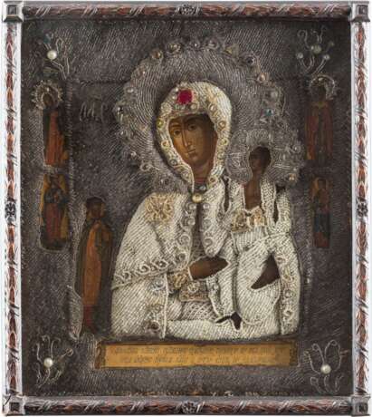 AN ICON SHOWING THE MOTHER OF GOD OF 'UNEXPECTED JOY' WITH EMBROIDERED OKLAD WITH KYOT - фото 1