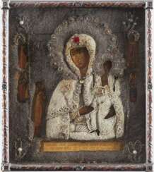 AN ICON SHOWING THE MOTHER OF GOD OF 'UNEXPECTED JOY' WITH EMBROIDERED OKLAD WITH KYOT