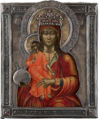A VERY FINE, LARGE AND RARE ICON SHOWING THE VILENSKAYA MOTHER OF GOD WITH SILVER RIZA - Foto 1