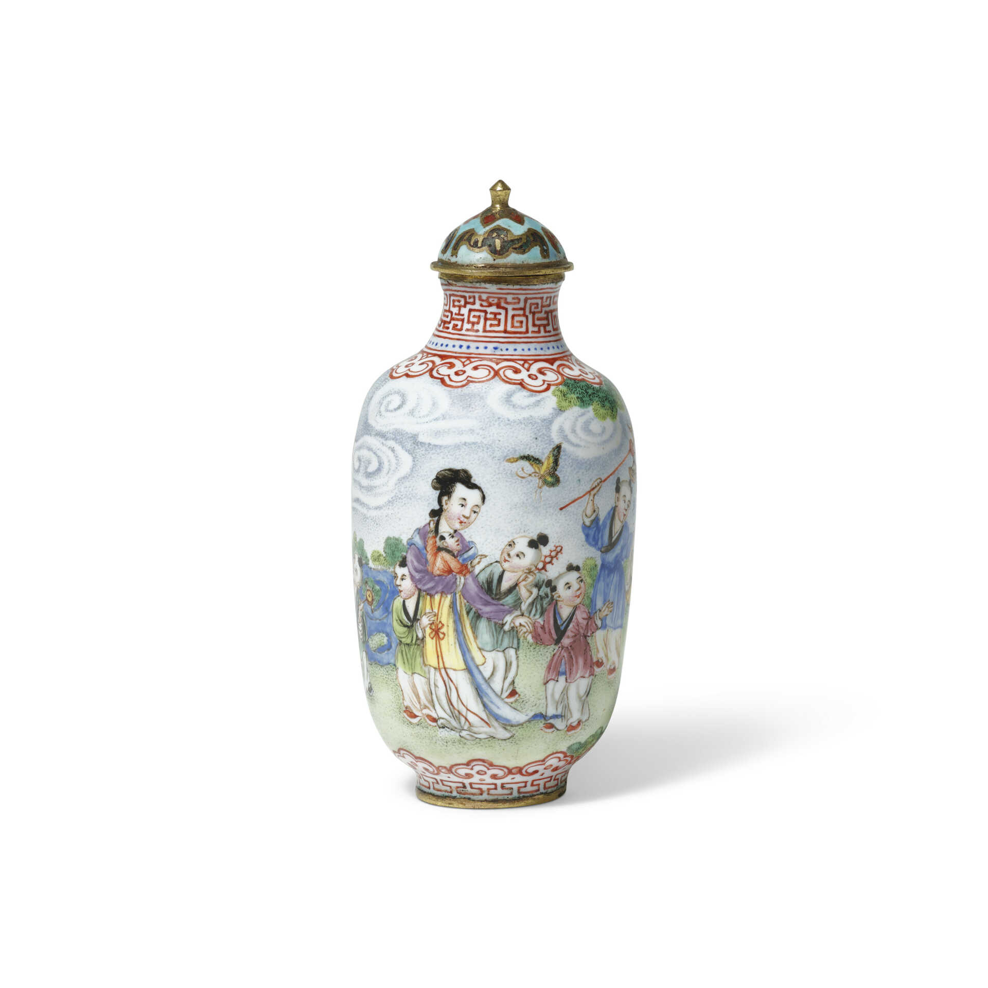 A PAINTED ENAMEL ‘LADY AND BOYS’ SNUFF BOTTLE