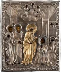 AN ICON SHOWING THE APPEARANCE OF THE MOTHER OF GOD TO STS. SERGEI OF RADONEZH AND NIKON WITH SILVER OKLAD