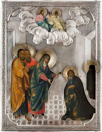 AN ICON SHOWING THE APPEARANCE OF THE MOTHER OF GOD TO STS. SERGEI AND NIKON WITH SILVER RIZA - Foto 1