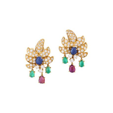 VAN CLEEF & ARPELS SAPPHIRE, RUBY, EMERALD AND DIAMOND EARRINGS - photo 1