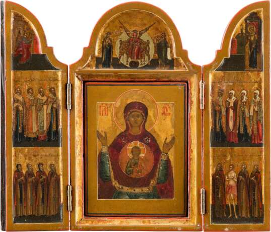 A SMALL TRIPTYCH SHOWING THE MOTHER OF GOD OF THE SIGN, SOPHIA, THE WISDOM OF GOD AND SELECTED SAINTS - Foto 1