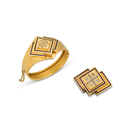 NO RESERVE | LATE 19TH CENTURY GOLD, ENAMEL AND DIAMOND CUFF AND BROOCH SET - Foto 1