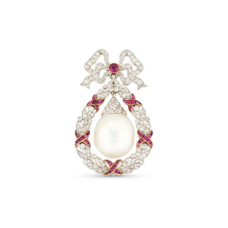 EARLY 20TH CENTURY NATURAL PEARL, RUBY AND DIAMOND BROOCH/PENDANT - photo 1