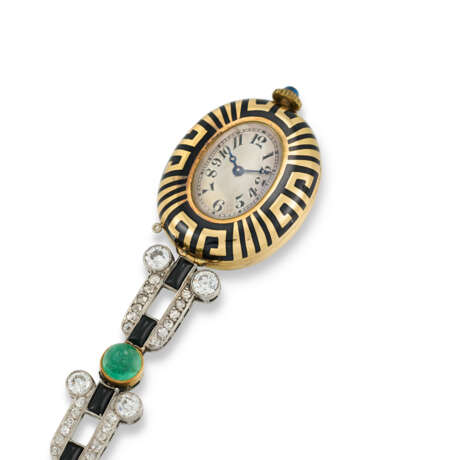 VERGER FRÈRES ART DECO EMERALD, ONYX, ENAMEL AND DIAMOND LAPEL WATCH - photo 2