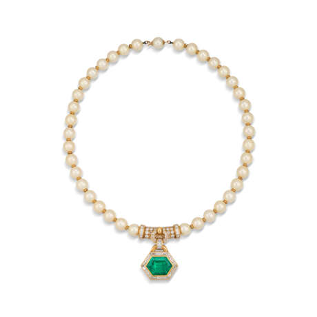 BULGARI EMERALD, CULTURED PEARL AND DIAMOND NECKLACE - фото 2