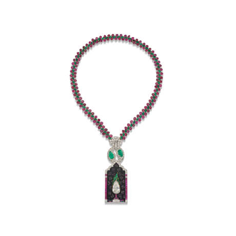 ART DECO EMERALD, RUBY, ONYX, DIAMOND, AMETHYST AND CUBIC ZIRCONIA PENDENT NECKLACE - photo 1