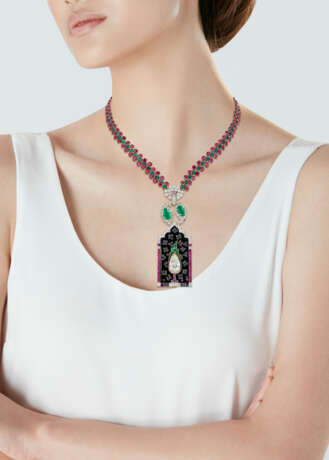 ART DECO EMERALD, RUBY, ONYX, DIAMOND, AMETHYST AND CUBIC ZIRCONIA PENDENT NECKLACE - photo 5