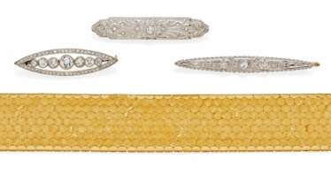 Konvolut: Gold-Armband und drei Diamant-Broschen