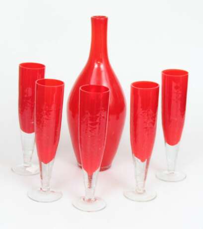 Red glass decanter with five glasses Glass Mid-20th century - photo 2