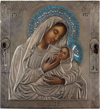 AN ICON SHOWING THE BREAST-FEEDING MOTHER OF GOD WITH SILVER AND CLOISONNÉ ENAMEL OKLAD - фото 1