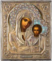 AN ICON SHOWING THE KAZANSKAYA MOTHER OF GOD WITH CLOISONNÉ ENAMEL SILVER-GILT OKLAD