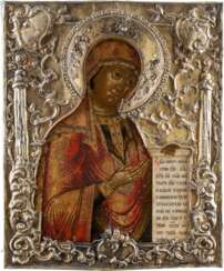 A LARGE ICON SHOWING THE MOTHER OF GOD FROM A DEISIS WITH SILVER-GILT RIZA