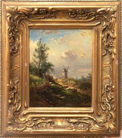 Mödinger, A. (dt. Maler Mitte 19. Jh.) "Landschaft mit Schafen und Windmühle", Öl/ Lw., sign. u.l. und dat. 1856, 53,5x67 cm, Prunkrahmen - Foto 1