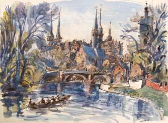 Mende, Heribert (20. Jh.) &quot;Merseburg- Schloß und Saalebrücke&quot;, Aquarell, sign. u.r. und dat. &quot;Mai 50&quot;, 36x48 cm, ungerahmt