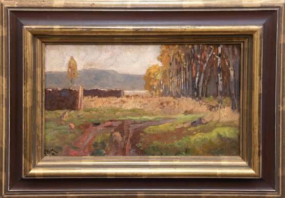 Monogrammist "CEM" wohl Morgenstern, Christian Ernst "Waldrand im Herbst", Öl/ Lw./Mp, monogr. "CEM" u.l., 13x21 cm, Rahmen, verso. Klebeetikett der Kunsthandlung Seidel, Düsseldorf - Foto 1