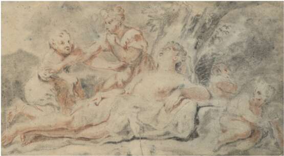 "Mythologische Szene", 18. Jh., Zeichnung im Stil Trois Crayons, in der Art Francois Boucher, 15x26 cm, im Passepartout hinter Glas und Rahmen - Foto 1