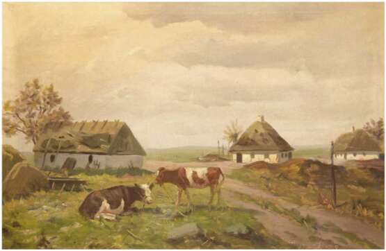 Maler 20. Jh. "Kühe auf Gehöft", Öl/Lw., unleserl. signiert u.r., 44x64 cm, Rahmen - Foto 1