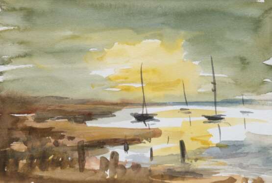 "Boote vor Küste im Sonnenuntergang", Aquarell, unsign., 10x15 cm, im Passepartout hinter Glas und Rahmen - Foto 1