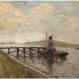 Landschaftsmaler des 20. Jh. "Schlepper auf dem Rhein", Öl/SH, undeutl. sign. u.r., 60x70 cm, Rahmen - Foto 1