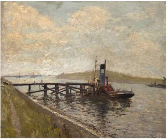 Landschaftsmaler des 20. Jh. "Schlepper auf dem Rhein", Öl/SH, undeutl. sign. u.r., 60x70 cm, Rahmen - Foto 1