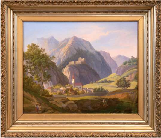 Künstler 19. Jh. "Blick auf eine Burg", Öl/Lw., doubliert, unsign., rückseitig auf Lw. bez,. "Wolkenstein in Ober-Österreich", 42x52,5 cm, Rahmen - Foto 1