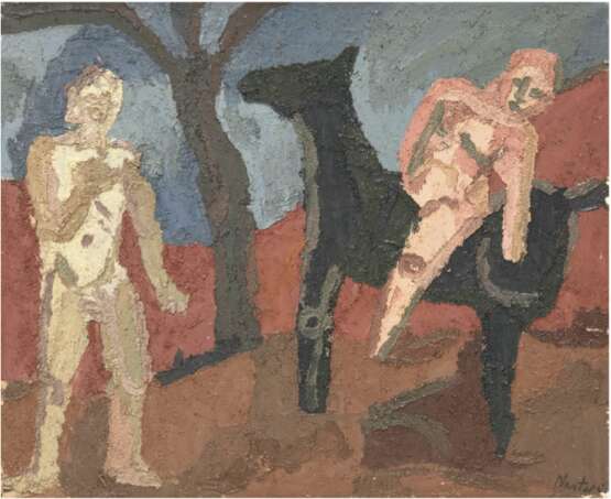 Nastasio, Alessandro (1934 in Mailand geb.) "Mann auf Pferd mit Begleiter", Öl/Lw., sign. u.r., rücks. sign. ´64, 50x60 cm, Rahmen (aus der Kunstsammlung des Schauspielers Uwe Friedrichsen 1934-2016 Hamburg)… - Foto 1