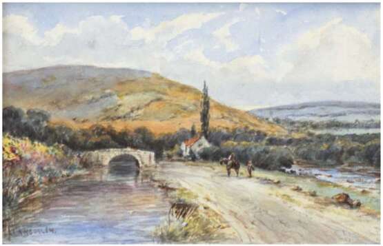 Maler des 20. Jh. "Flußlandschaft mit Steinbrücke", Aquarell, unleserl. signiert u.l., 14x21 cm, hinter Glas im Rahmen (best.) - Foto 1