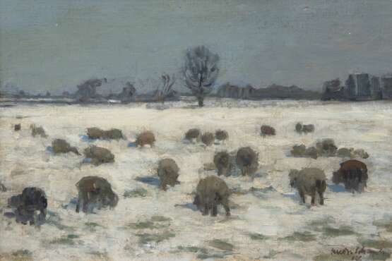 "Wildschweine im Winter", Öl/ Platte, undeutl. sign. u.r., 30,5x44 cm, Rahmen - Foto 1