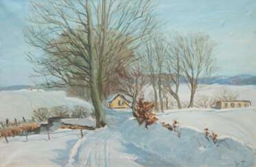 Monogrammist &amp;quot;B.F.&amp;quot; (um 1930) &amp;quot;Dorfansicht im Winter&amp;quot;, Öl/ Lw., monogr. u.r., 71x102 cm, Rahmen