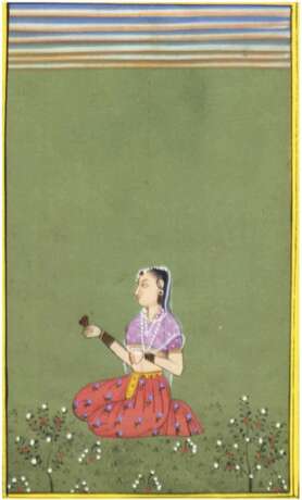 "Junge Frau in der Landschaft sitzend", Indien 19./20. Jh., Feder, Tempra u. Deckfarben/Papier, 17,5x10,5 cm, hinter Glas im Rahmen - фото 1