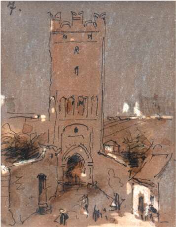 Woelfel, Adelheid (1823-1896) "Altes Rathaus" und "Torturm Frankenstein", Feder/ Aquarell und Gouache/Papier, je 6,5x5 cm, im Passepartout hinter Glas und Rahmen - фото 1