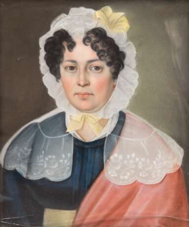 Biedermeier-Porträt "Porträt einer Dame mit Spitzenhaube", Pastell, unsign., 38x30 cm, Kirschholzrahmen - photo 1