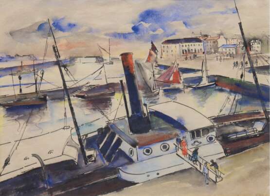 Maclet, Elisee (1881-1962 Paris) "Hafen", Aquarell, rückseitig mit Künstlerangabe, 30x37 cm, im Passepartout hinter Glas und Rahmen - фото 1