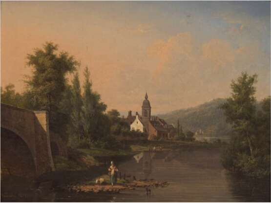 Vermeulen, Eugene (ca. 1810-1868) "Landschaft mit Wäsche waschender Frau am Flußufer", Öl/Holz, sign. und dat. 1833 u.l., 31x37 cm, Rahmen mit Abpl. - photo 1