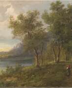 Overview. Boehm, Eduard (1830-1890) &quot;Romantischer Gebirgssee mit Ruderer und Frau mit Kind auf Uferweg&quot;, Öl/Lw., signiert u.r., 21x47 cm, Rahmen