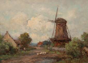 Schilhabel, Helmut (1896 Burgstadt-1970 Hamburg) &quot;Dörfliches Idyll mit Windmühle&quot;, Öl/ Karton, sign. u.r., 30,5x40,5 cm, Rahmen